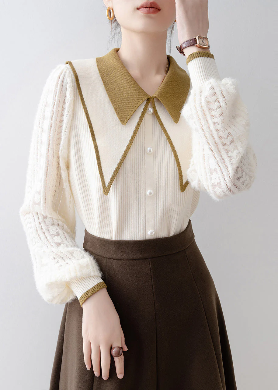 DIY Beige Double-layer Nail Bead Knit Sweater Winter - Image 5