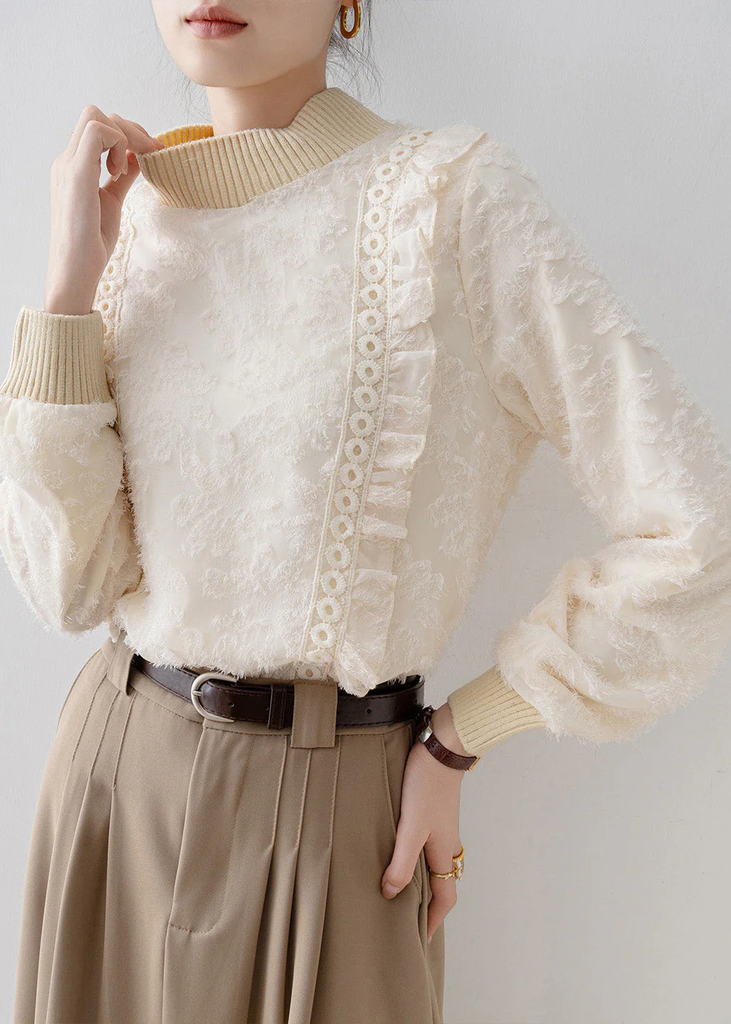 DIY Beige Stand Collar Patchwork Warm Fleece Blouses Winter - Image 3