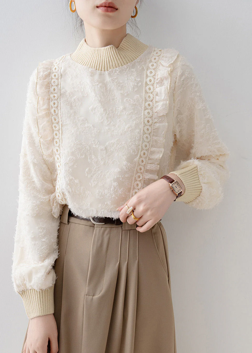 DIY Beige Stand Collar Patchwork Warm Fleece Blouses Winter - Image 4