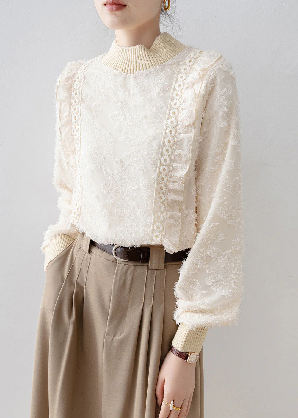 DIY Beige Stand Collar Patchwork Warm Fleece Blouses Winter - Image 5