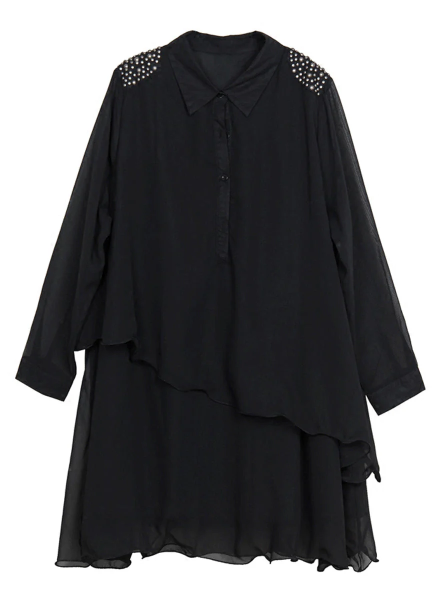 DIY Black Asymmetrical Design Rivet Chiffon A Line Dresses Spring - Image 5