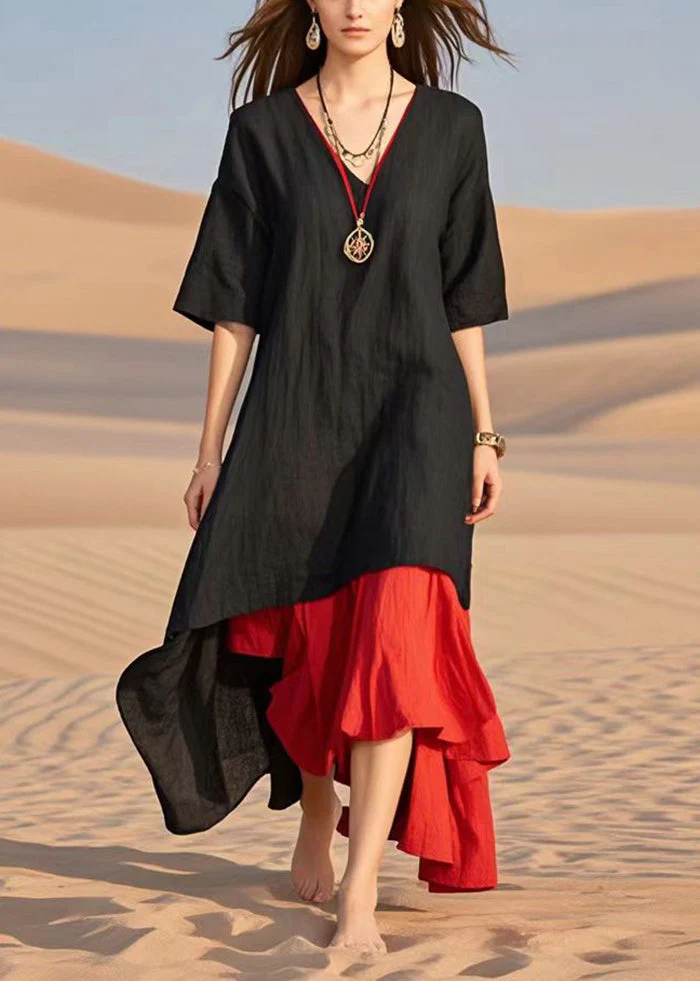 DIY Black Asymmetrical Patchwork Cotton Fake Two Piece Dresses Summer - Image 5