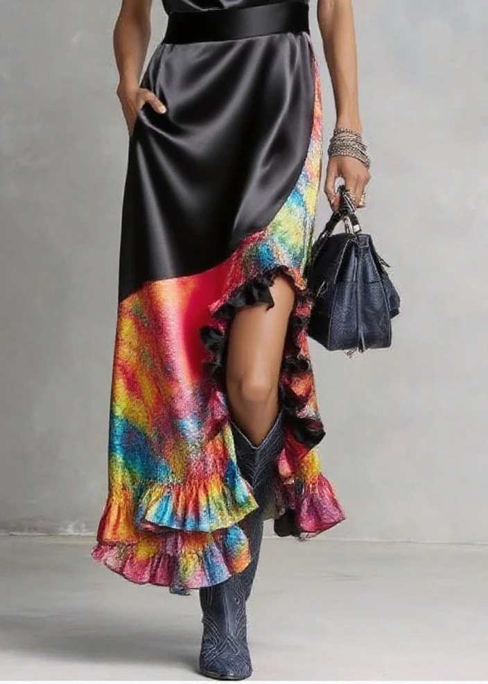 DIY Black Asymmetrical Patchwork Print Silk Holiday Dress Sleeveless - Image 4