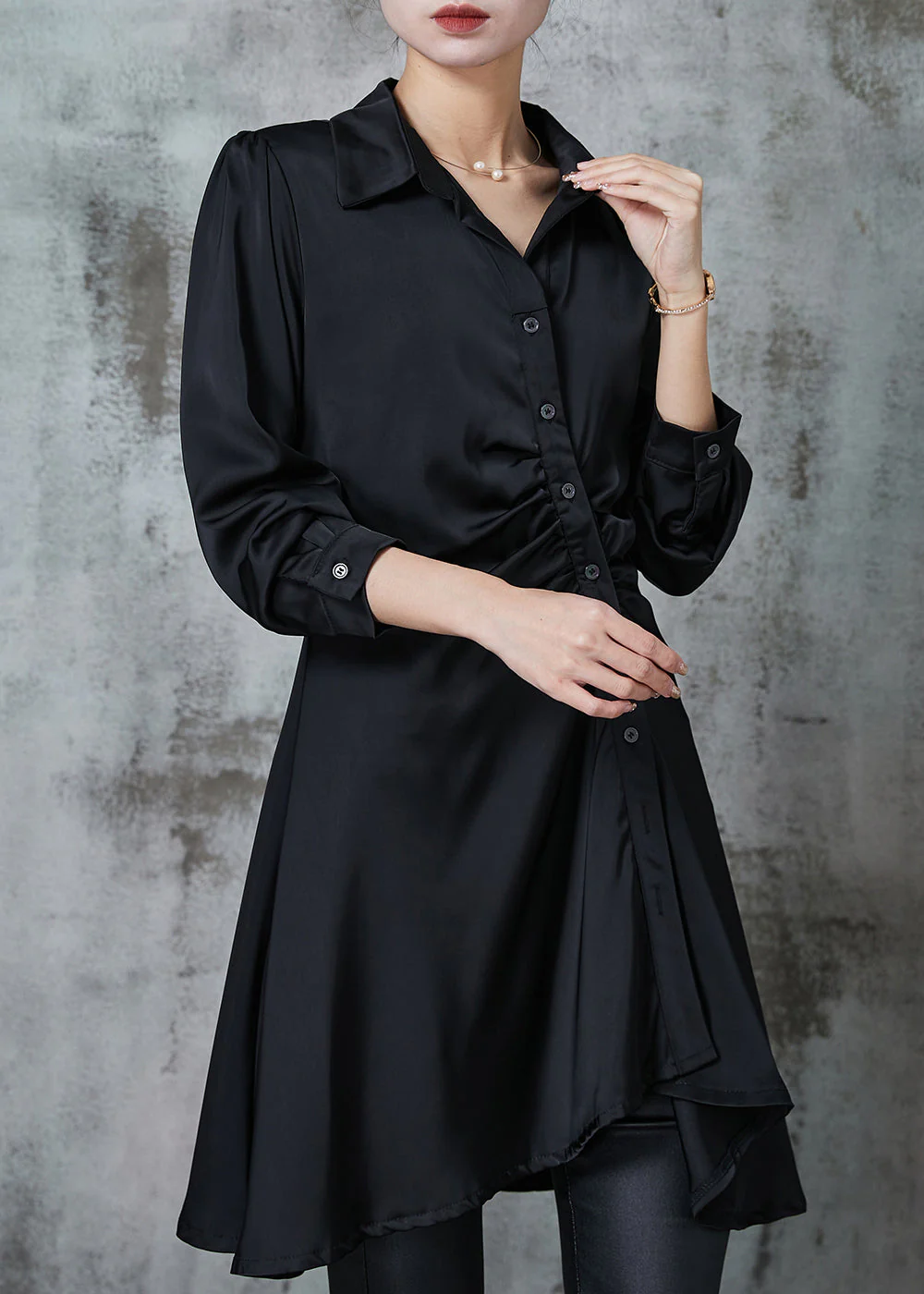DIY Black Asymmetrical Wrinkled Chiffon Mid Dress Spring - Image 3