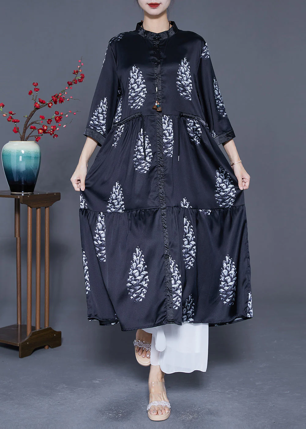 DIY Black Cinched Patchwork Print Silk Long Dress Summer - Image 2