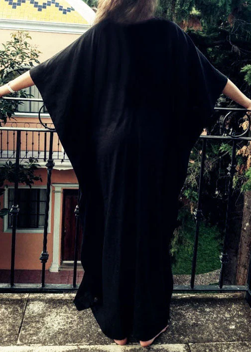 DIY Black Embroideried Batwing Sleeve Beach Gown Party Dress Summer - Image 3