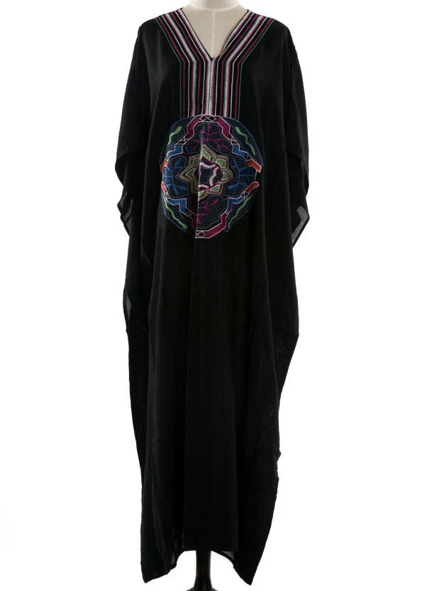DIY Black Embroideried Batwing Sleeve Beach Gown Party Dress Summer - Image 4