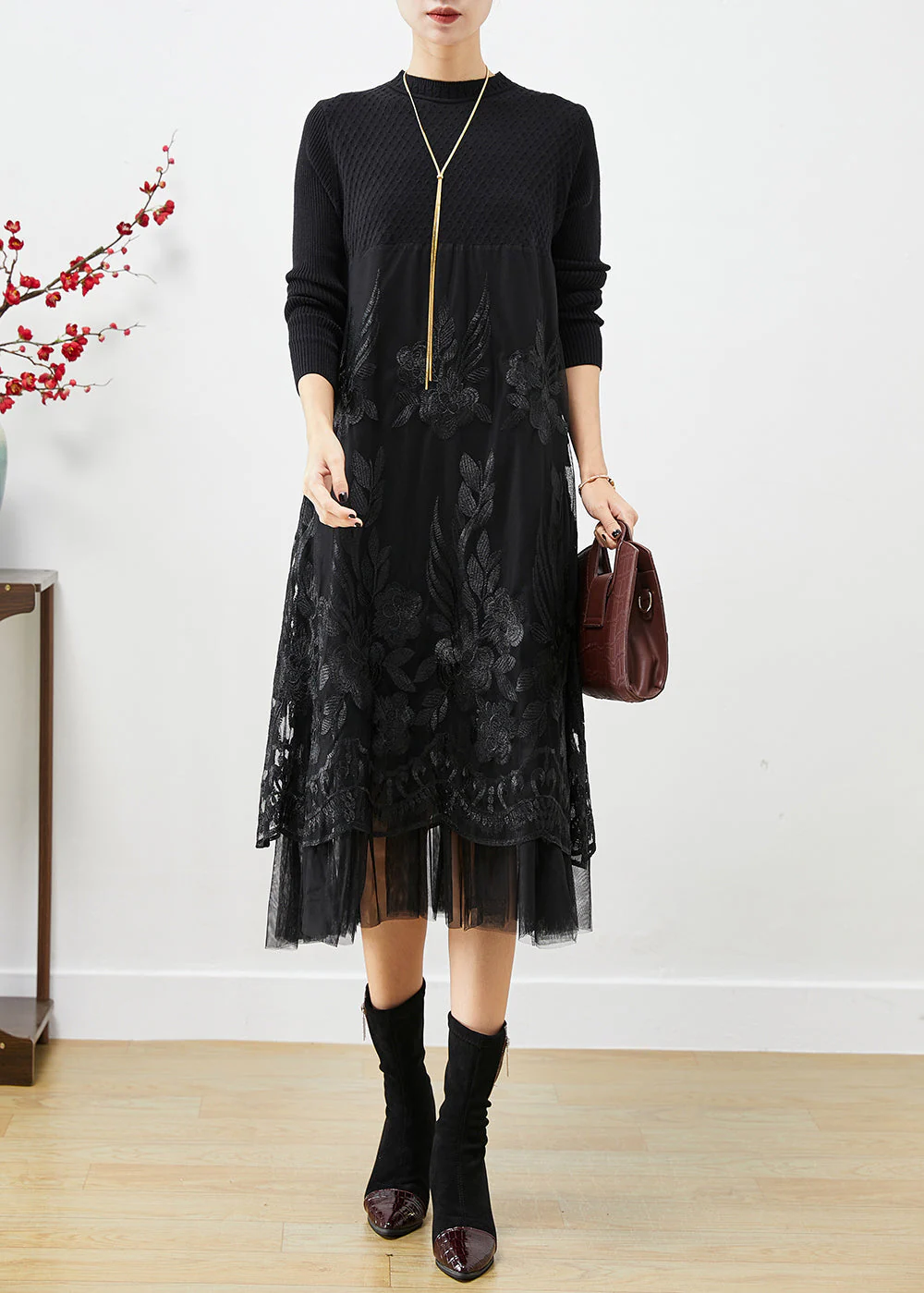 Diy Black Embroideried Patchwork Tulle Knit Long Dress Fall - Image 3
