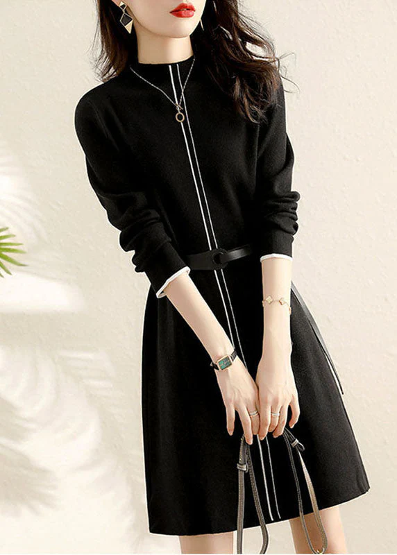 diy Black fashion tie waist Dress Winter - Image 2