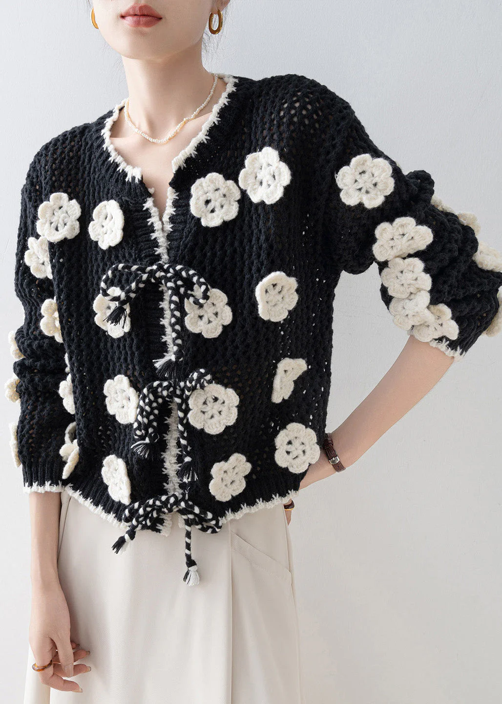 DIY Black Floral Decorated Hollow Out Knit Cardigan Spring - Image 2