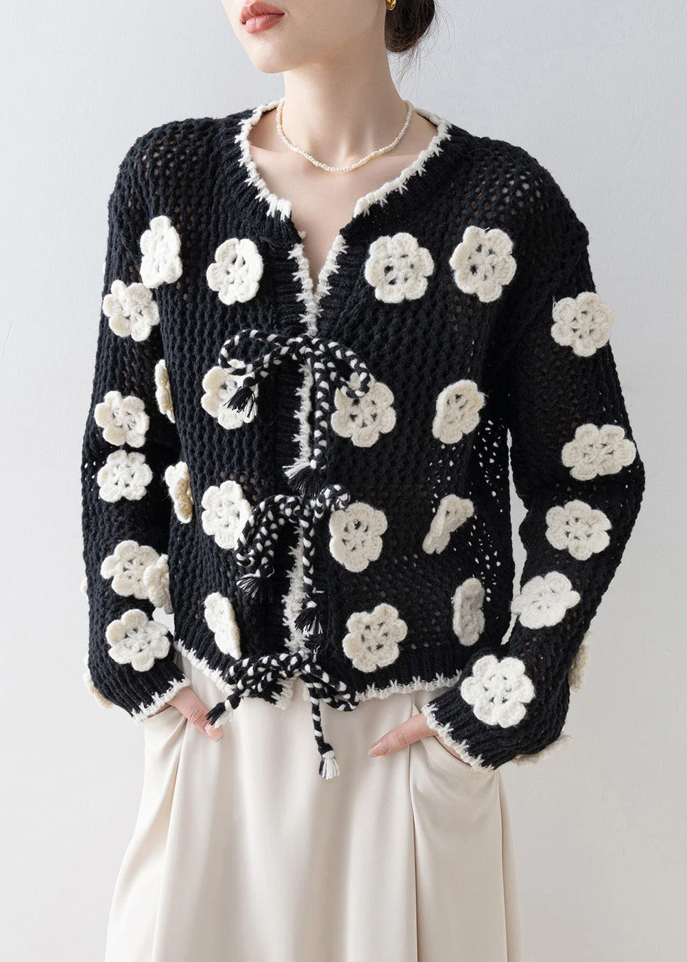 DIY Black Floral Decorated Hollow Out Knit Cardigan Spring - Image 4