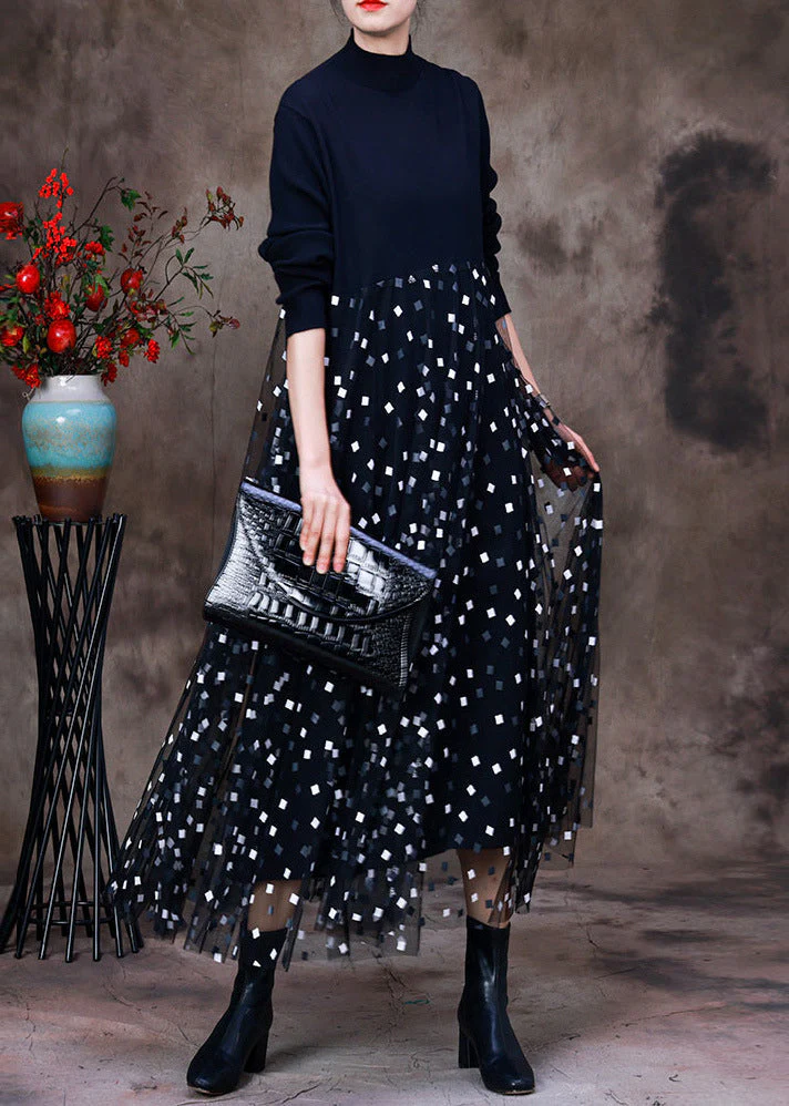 DIY Black O-Neck Knit Patchwork Tulle Maxi Dress Long Sleeve - Image 2