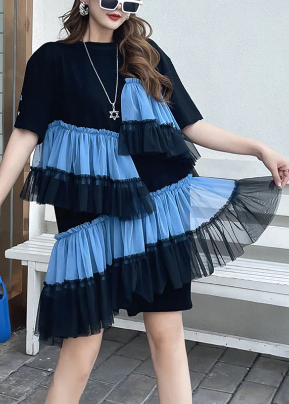 DIY Black O-Neck Wrinkled Tulle Patchwork Vacation Mid Dress Short Sleeve - Image 2