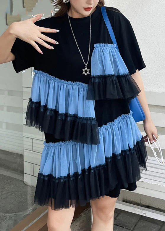 DIY Black O-Neck Wrinkled Tulle Patchwork Vacation Mid Dress Short Sleeve - Image 3