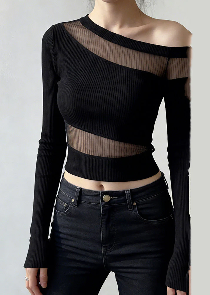 DIY Black One Shoulder Patchwork Tulle Shirts Summer - Image 3