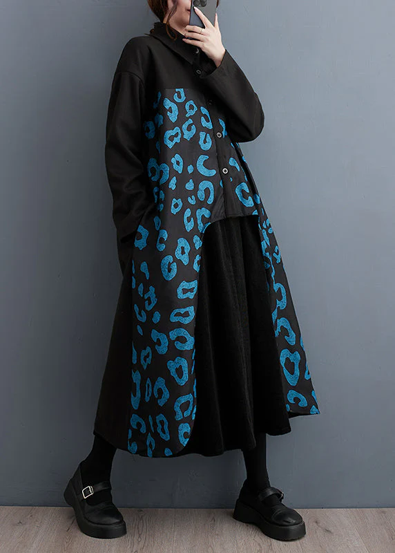 DIY Black Oversized Patchwork Cotton Shirt Dress Fall - Image 3
