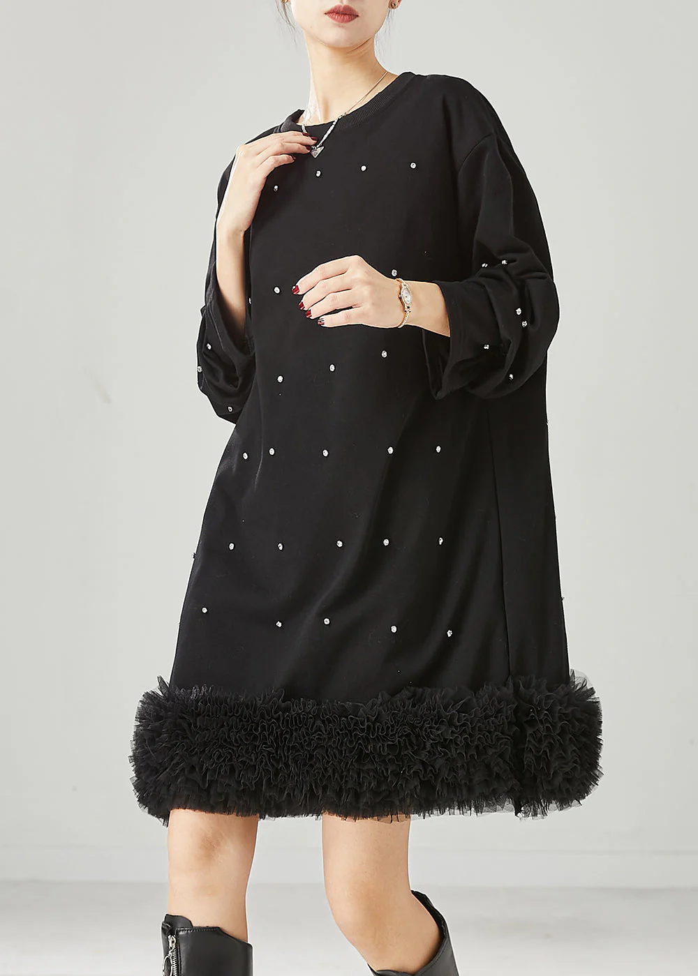 DIY Black Oversized Patchwork Ruffled Cotton Sweatshirt Dress Spring - Image 2