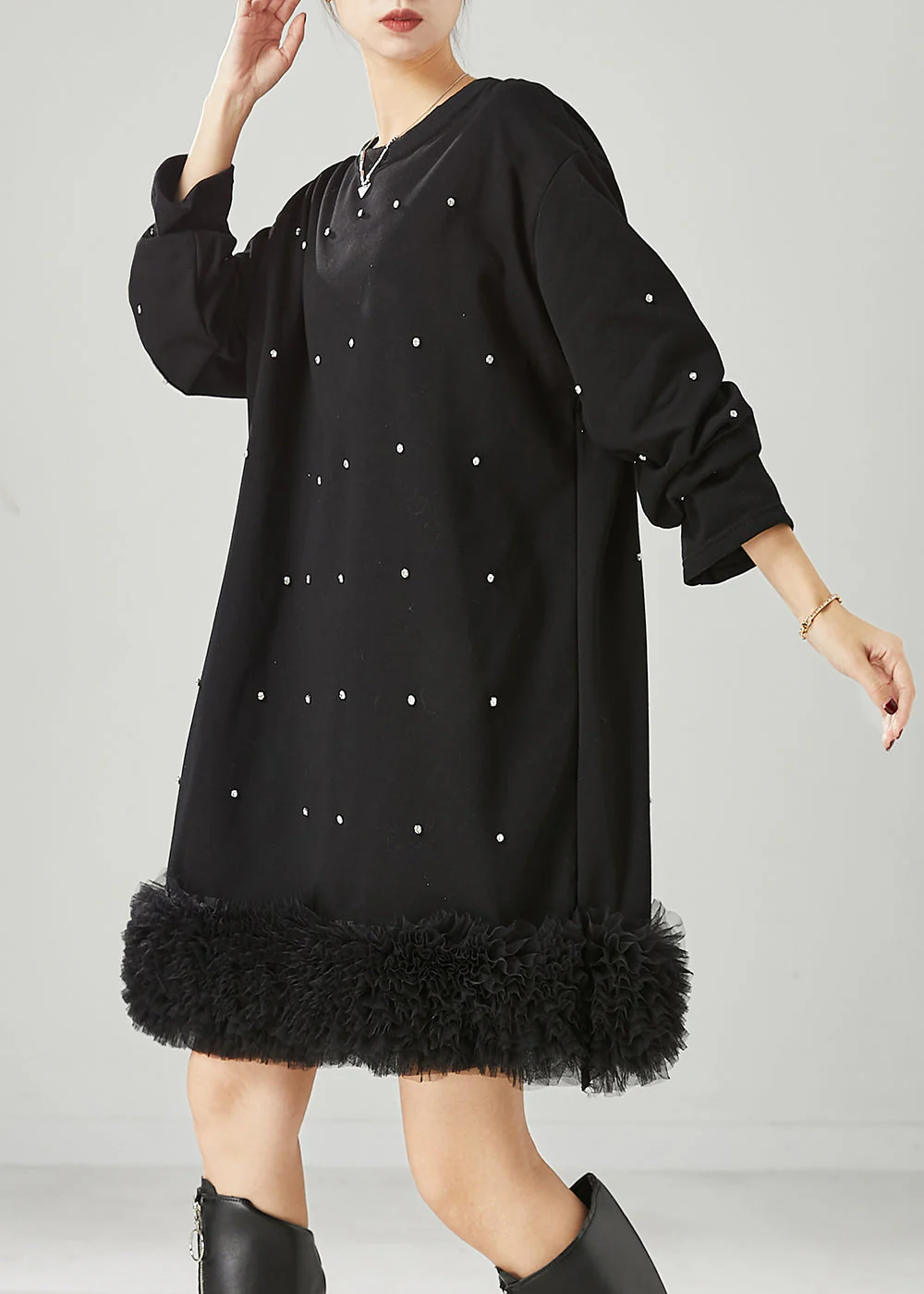 DIY Black Oversized Patchwork Ruffled Cotton Sweatshirt Dress Spring - Image 3
