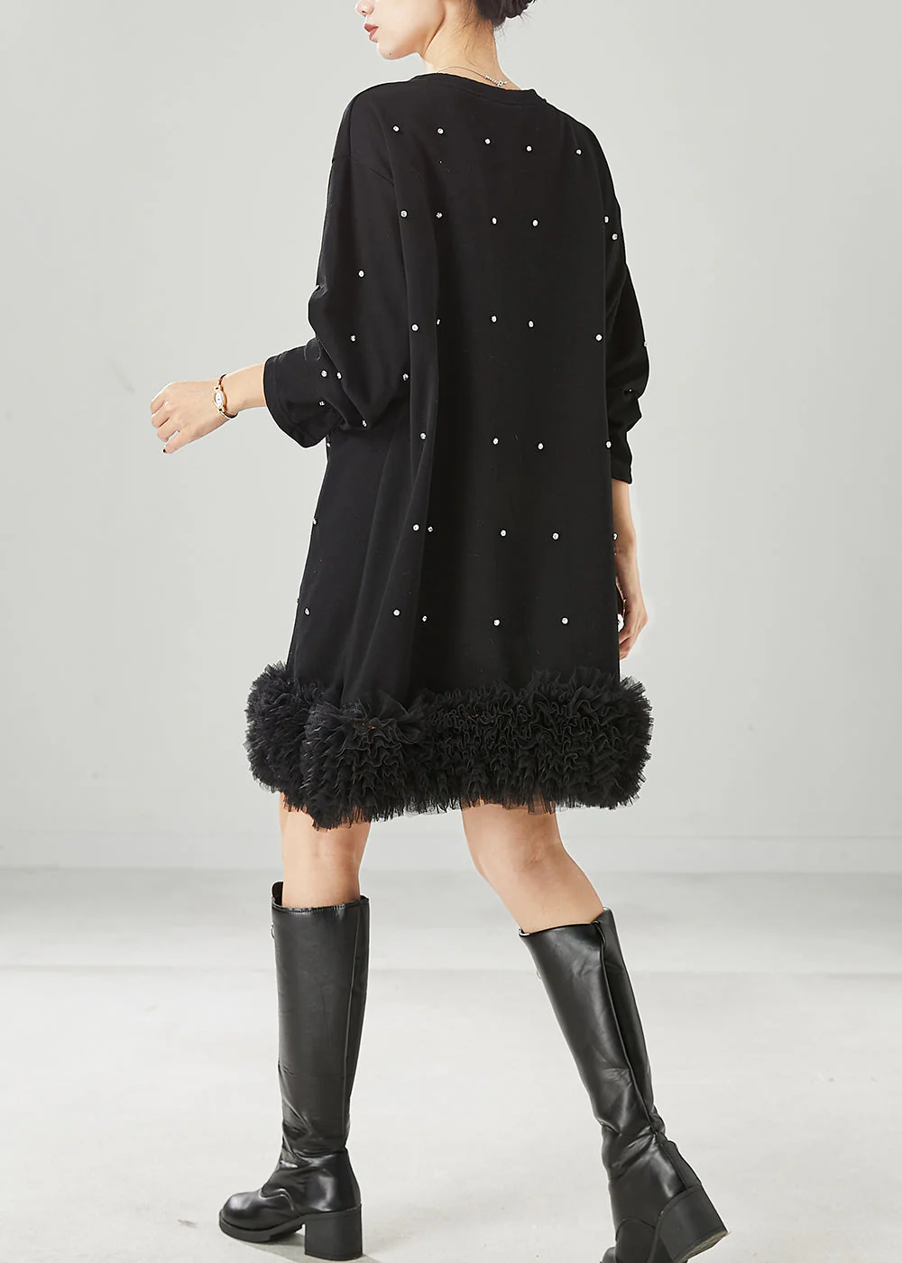 DIY Black Oversized Patchwork Ruffled Cotton Sweatshirt Dress Spring - Image 4