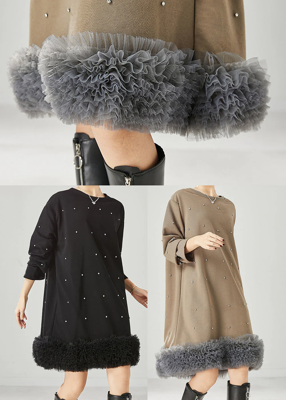 DIY Black Oversized Patchwork Ruffled Cotton Sweatshirt Dress Spring - Image 5