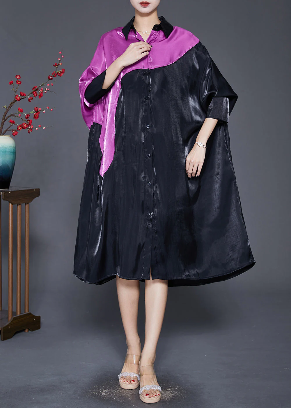 Diy Black Oversized Patchwork Silk Maxi Dress Batwing Sleeve - Image 2