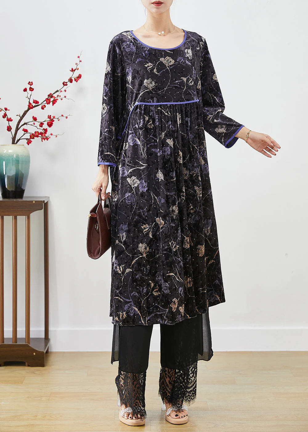 Diy Black Oversized Print Silk Velour Vacation Dresses Fall - Image 4