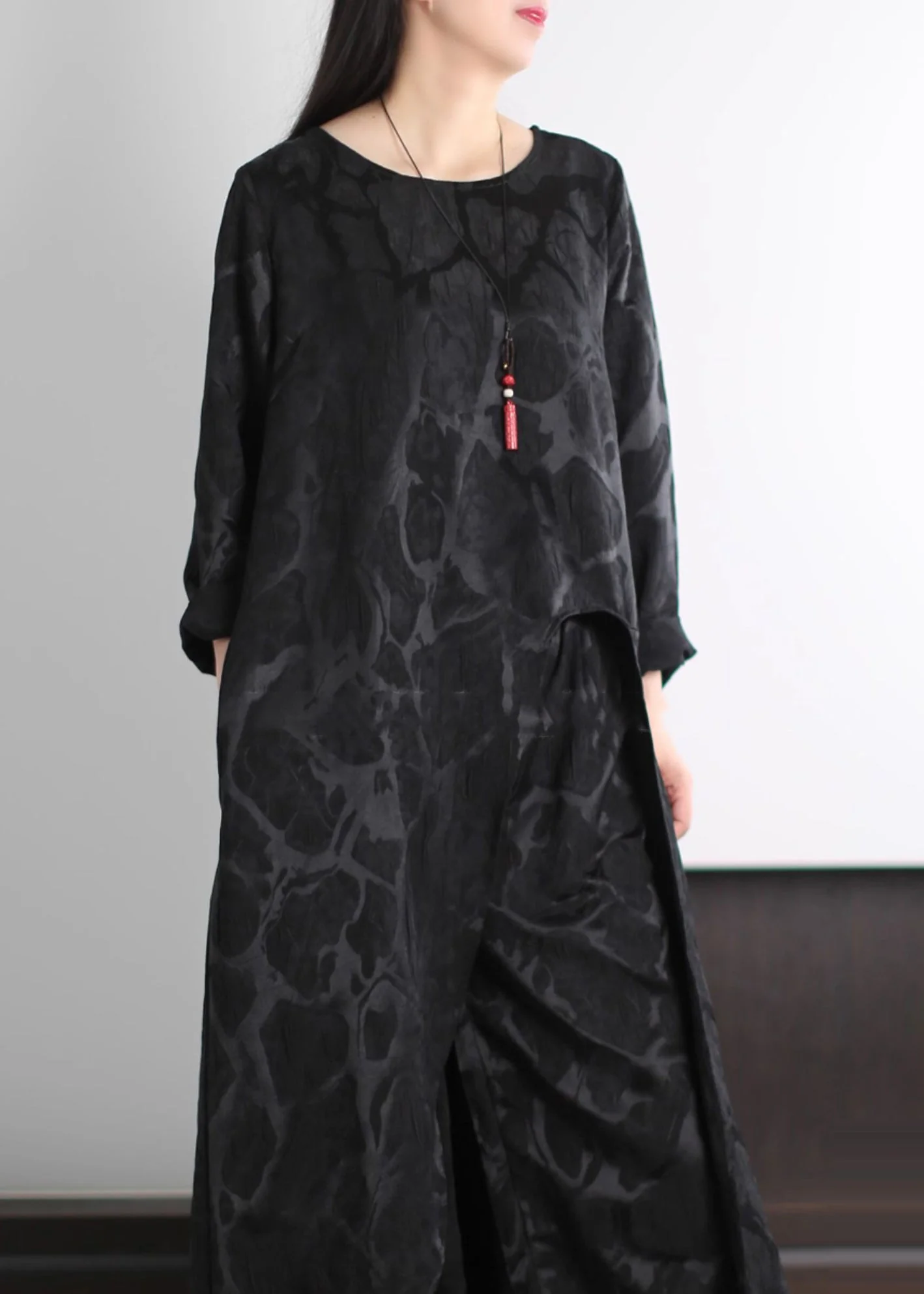 DIY Black Oversized Side Open Silk Two Pieces Set Spring - Image 4