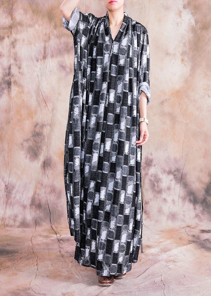 DIY black patchwork white linen Wardrobes v neck asymmetric long fall Dress - Image 2