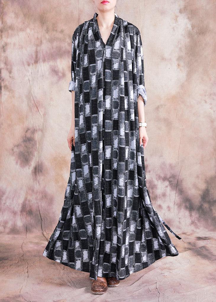 DIY black patchwork white linen Wardrobes v neck asymmetric long fall Dress - Image 3