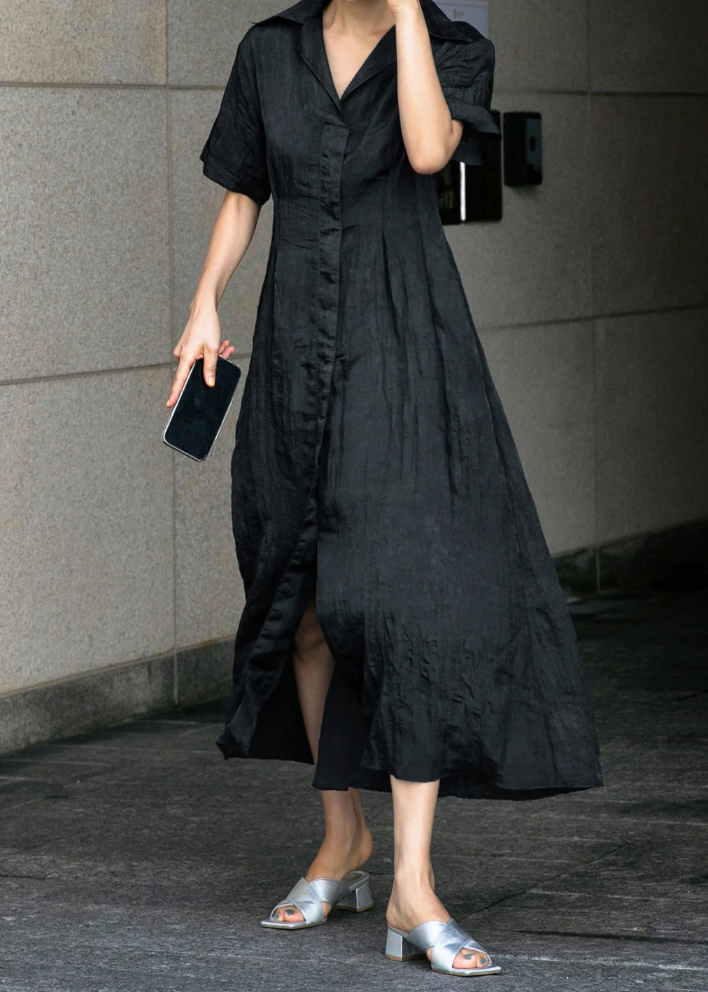 DIY Black Peter Pan Collar Button Tie Waist Shirts Dress Short Sleeve - Image 2