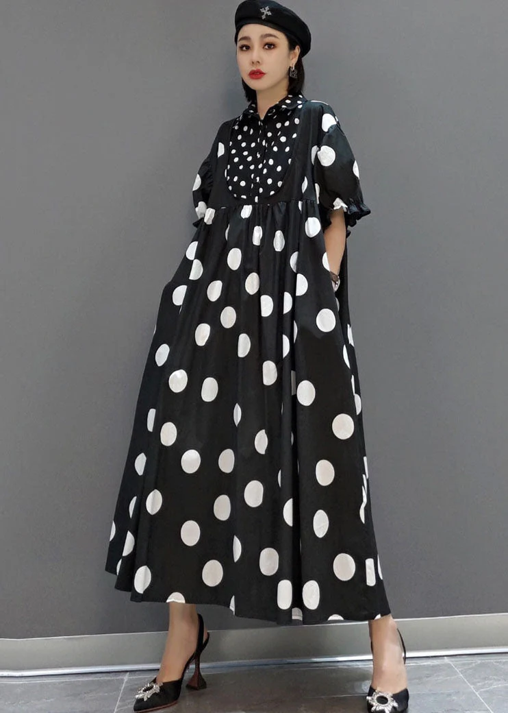 Diy Black Peter Pan Collar Patchwork Dot Print Exra Large Hem Cotton Long Dress Short Sleeve - Image 2