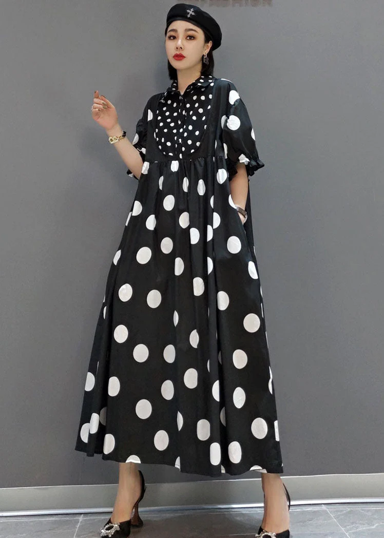 Diy Black Peter Pan Collar Patchwork Dot Print Exra Large Hem Cotton Long Dress Short Sleeve - Image 3