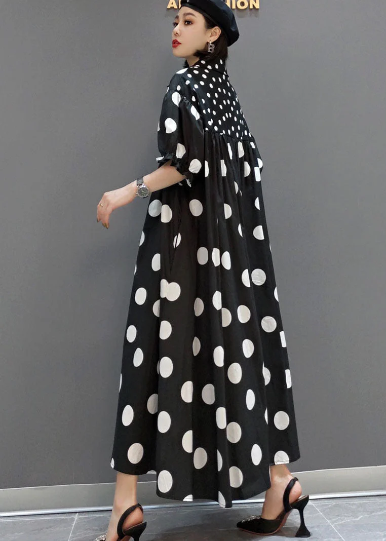Diy Black Peter Pan Collar Patchwork Dot Print Exra Large Hem Cotton Long Dress Short Sleeve - Image 4