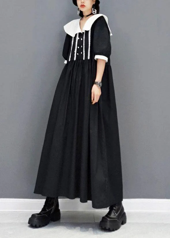 diy Black Peter Pan CollarButtonPatchwork Half Sleeve Robe Dresses Fall - Image 3