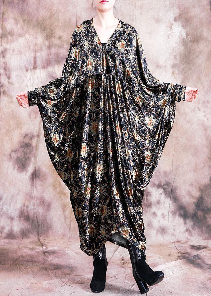 DIY black print dresses v neck asymmetric Art fall Dress - Image 3