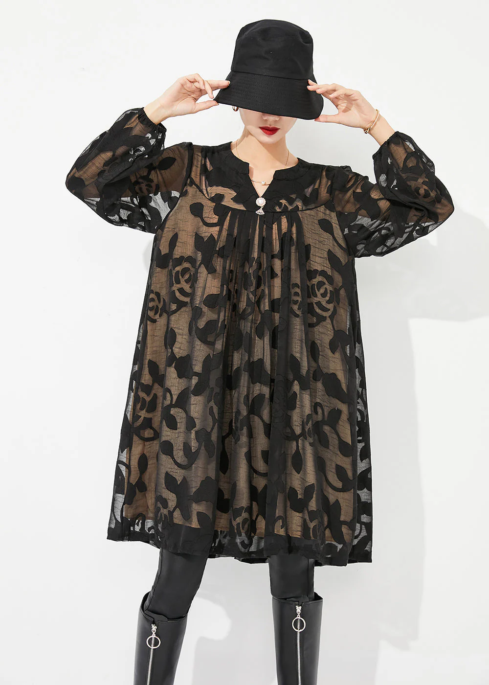 DIY Black Print Hollow Out Tulle Mid Dress Summer - Image 3