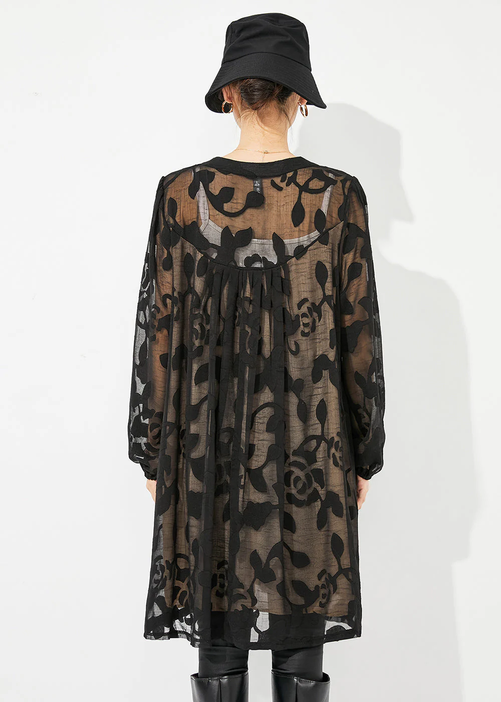DIY Black Print Hollow Out Tulle Mid Dress Summer - Image 4