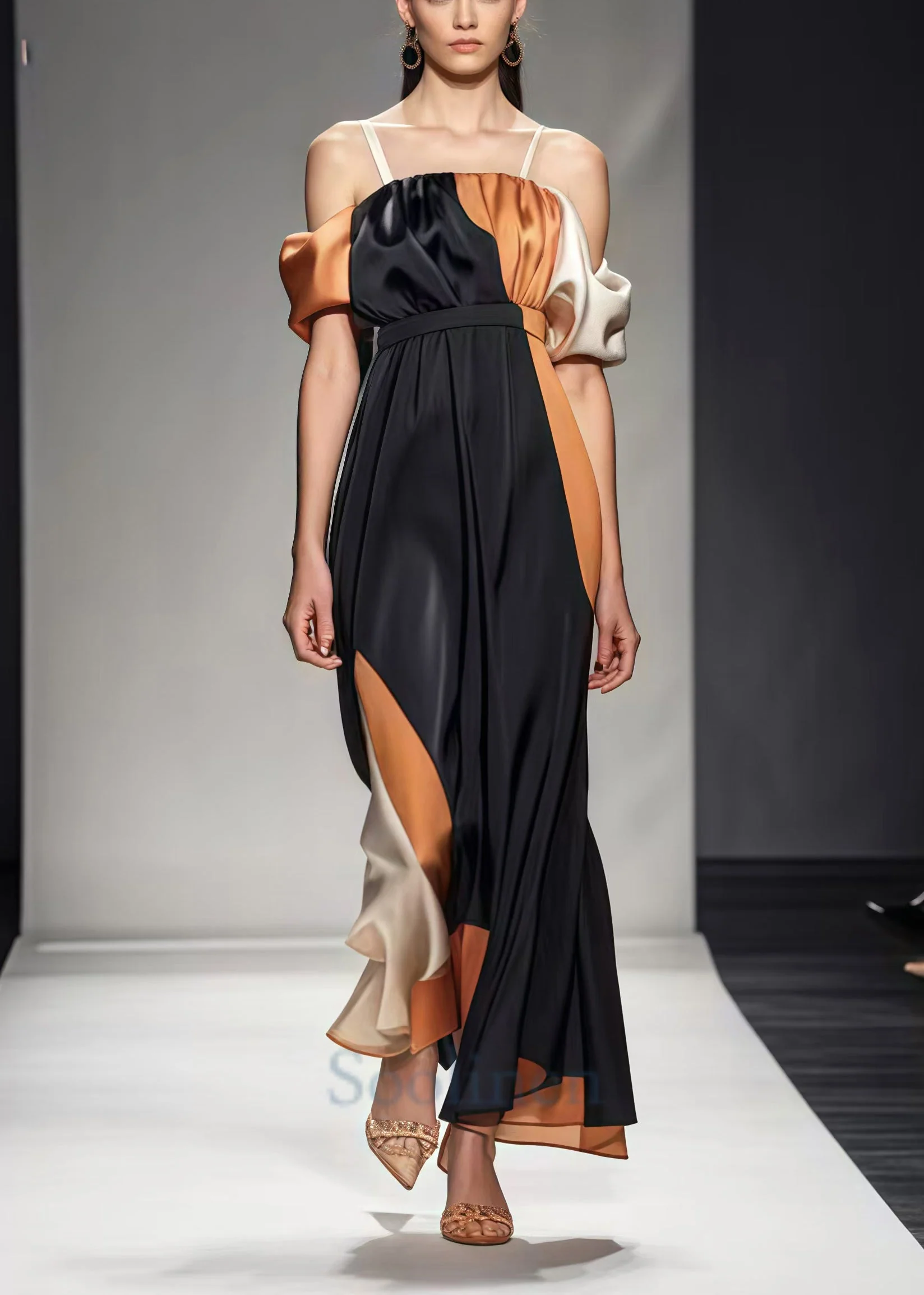 DIY Black Puff Sleeve Patchwork Silk Cami Dresses Summer - Image 2