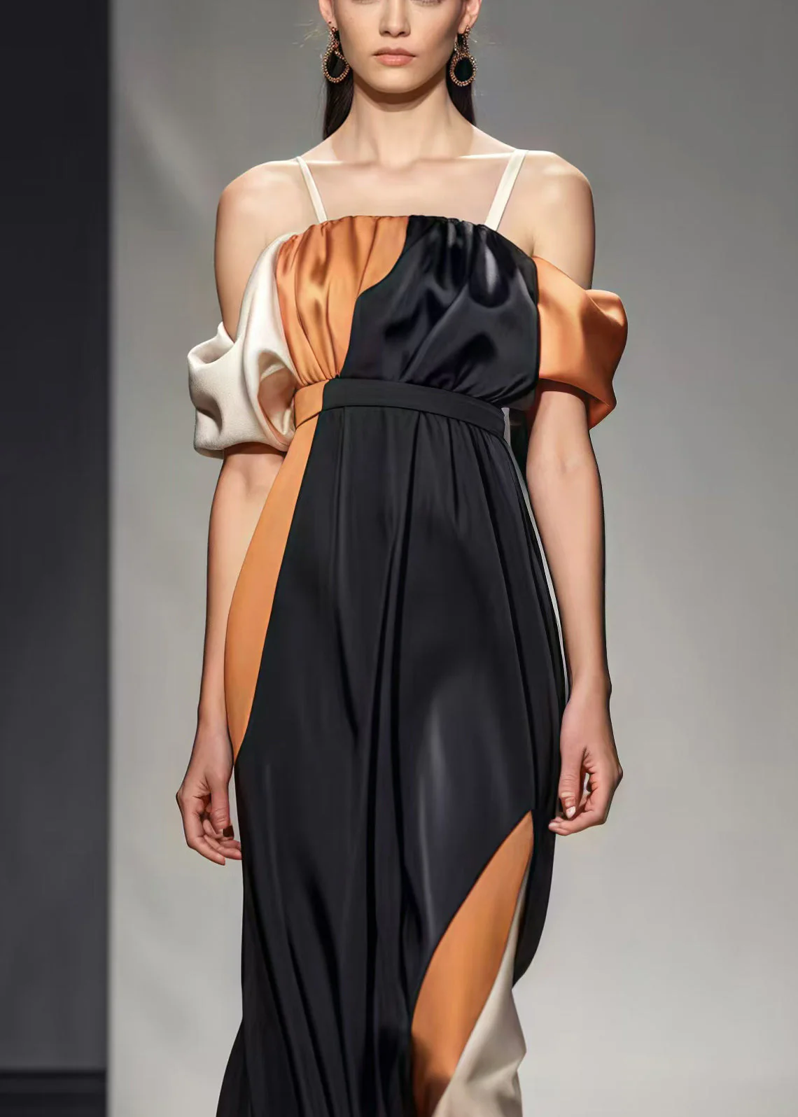 DIY Black Puff Sleeve Patchwork Silk Cami Dresses Summer - Image 3