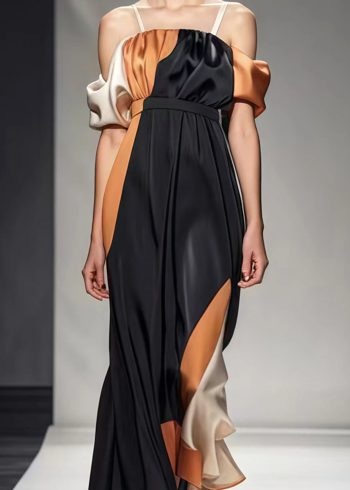 DIY Black Puff Sleeve Patchwork Silk Cami Dresses Summer - Image 4