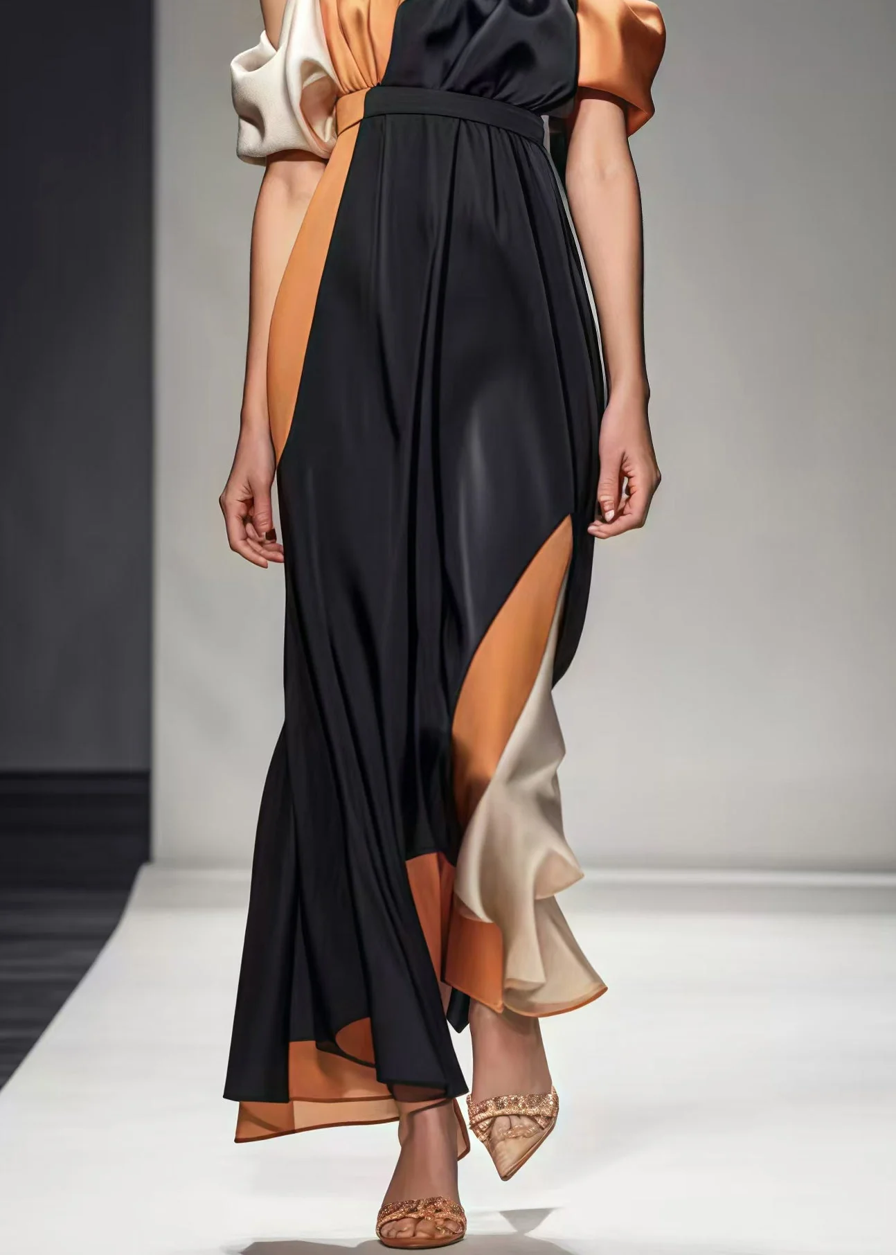 DIY Black Puff Sleeve Patchwork Silk Cami Dresses Summer - Image 5