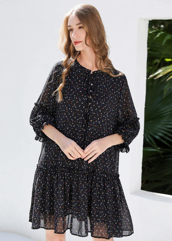 DIY Black Ruffled Print Chiffon Shirt Dresses Bracelet Sleeve - Image 2