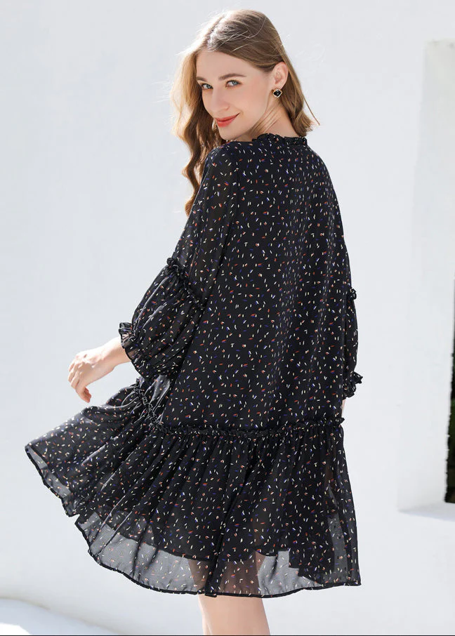 DIY Black Ruffled Print Chiffon Shirt Dresses Bracelet Sleeve - Image 3