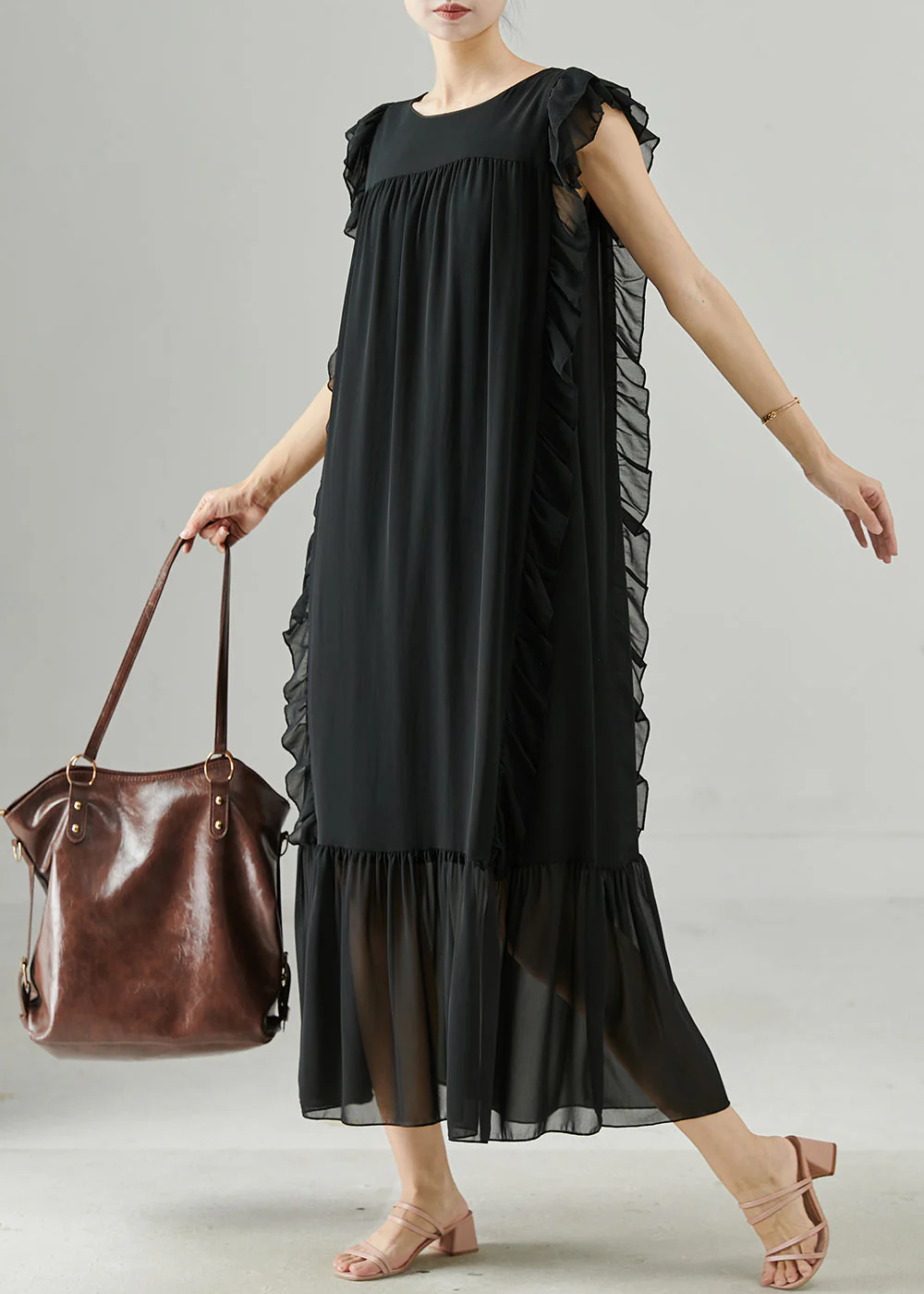 DIY Black Ruffled Tie Waist Chiffon Robe Dresses Summer - Image 2
