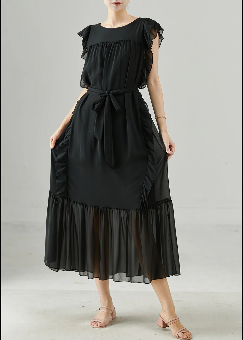 DIY Black Ruffled Tie Waist Chiffon Robe Dresses Summer - Image 3