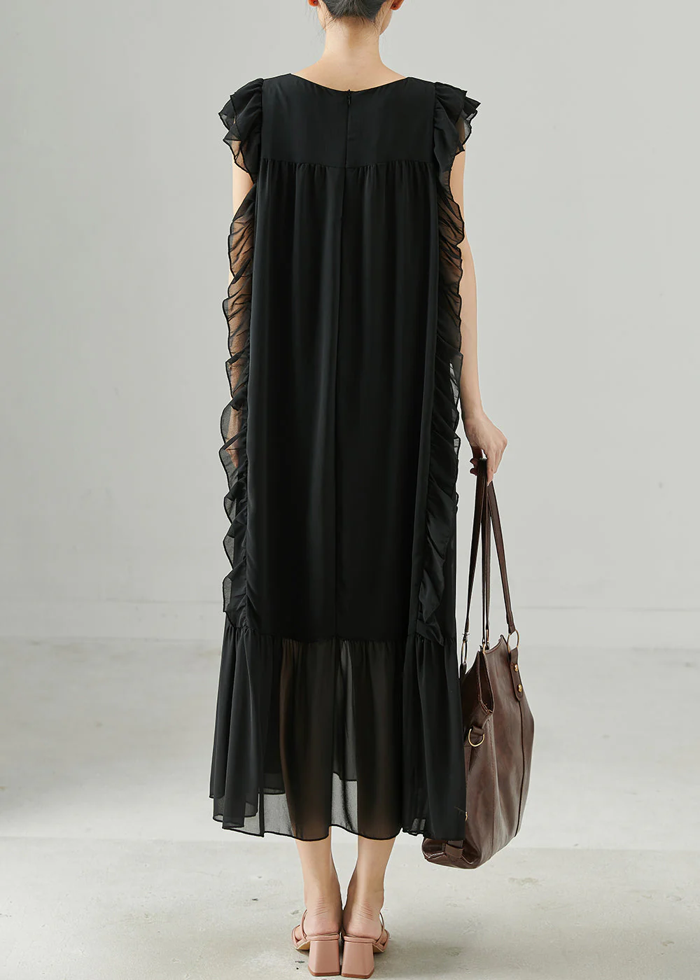 DIY Black Ruffled Tie Waist Chiffon Robe Dresses Summer - Image 4