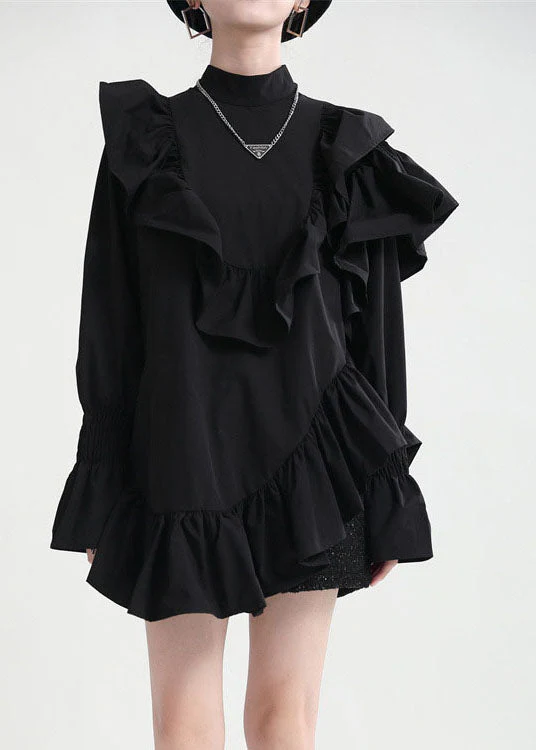 diy Black Stand Collar Asymmetrical Ruffled Dresses Spring - Image 2