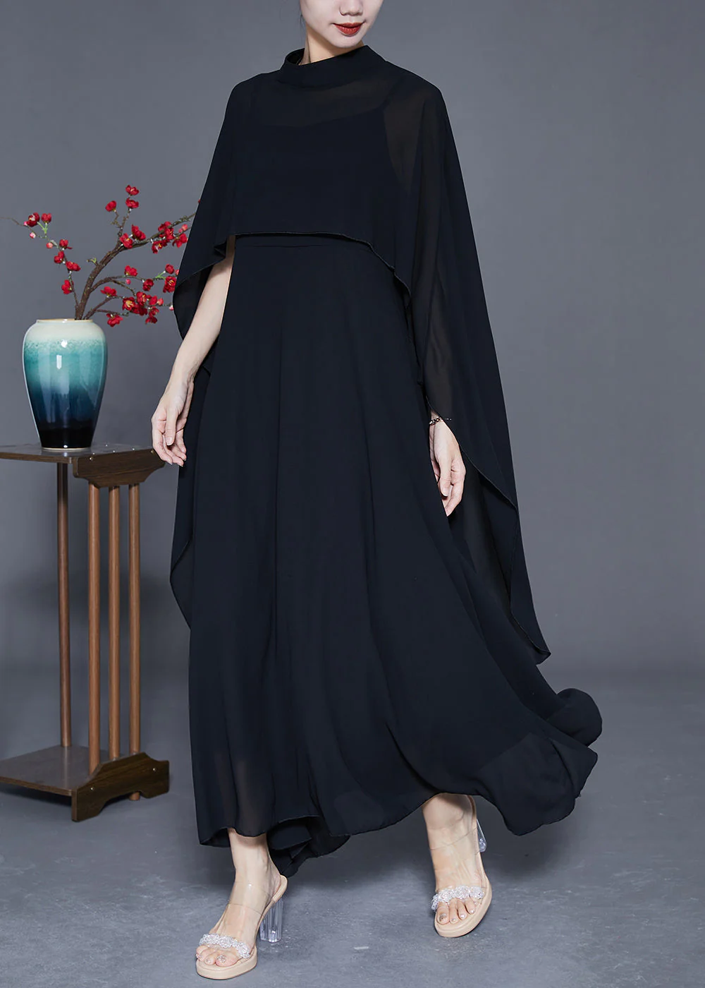 DIY Black Stand Collar Exra Large Hem Chiffon Dress Two Pieces Set Summer - Image 2