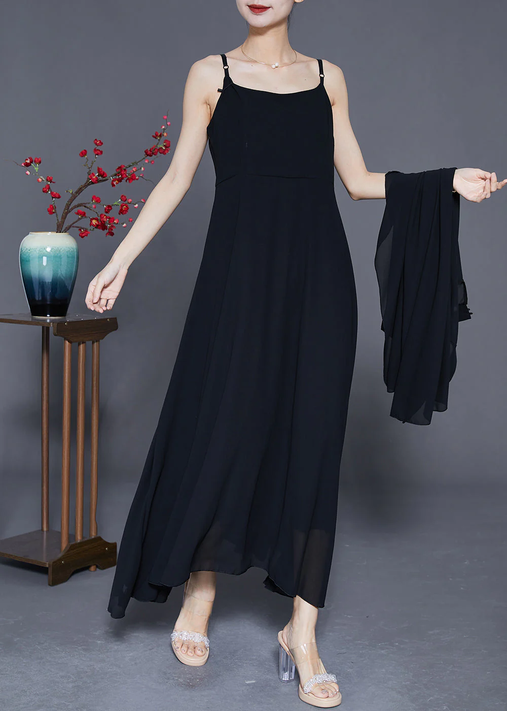 DIY Black Stand Collar Exra Large Hem Chiffon Dress Two Pieces Set Summer - Image 3