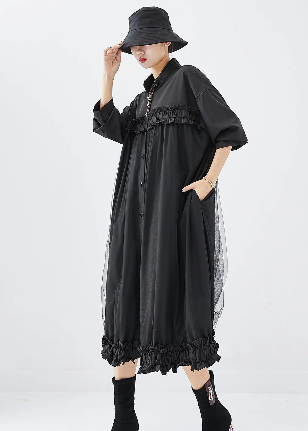 DIY Black Stand Collar Ruffled Cotton Vacation Dresses Fall - Image 2